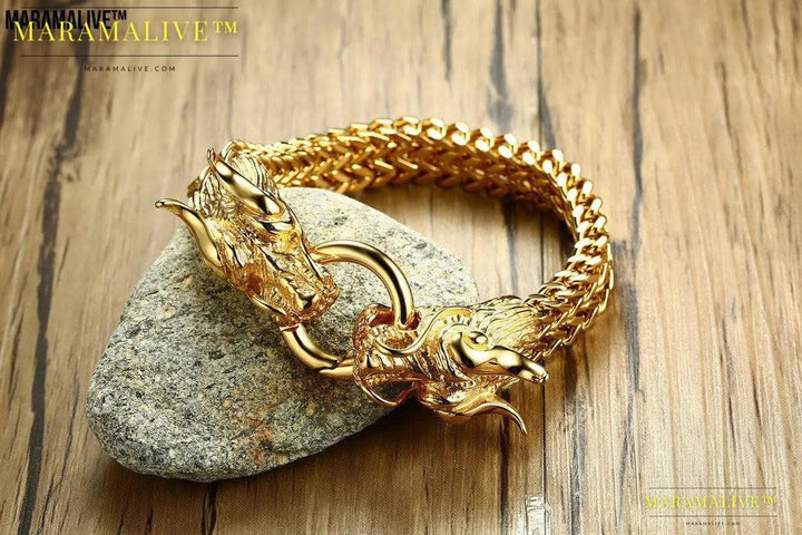 Titanium steel men's golden dragon head bracelet