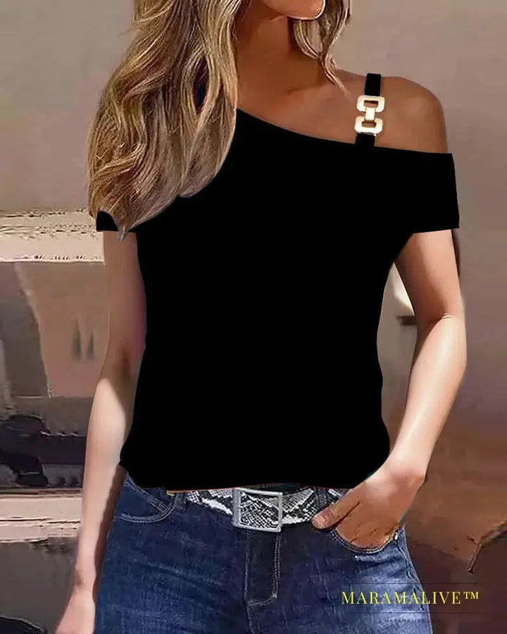 Top Women Summer Fashion Simple Metal Buckle Oblique Collar Casual Short-Sleeved Printed T-Shirt Top Y2K Clothes