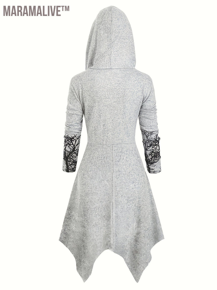 Tree Print Drawstring Hooded Dress, Casual Asymmetrical Long Sleeve Dress For Spring & Fall, Women's Clothing