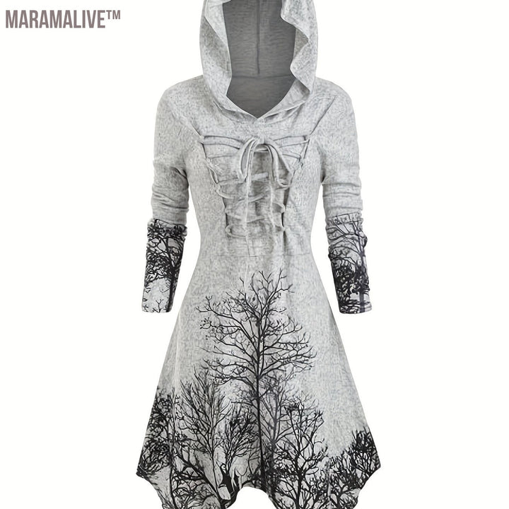 Tree Print Drawstring Hooded Dress, Casual Asymmetrical Long Sleeve Dress For Spring & Fall, Women's Clothing