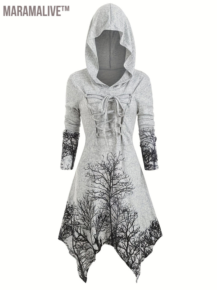 Tree Print Drawstring Hooded Dress, Casual Asymmetrical Long Sleeve Dress For Spring & Fall, Women's Clothing