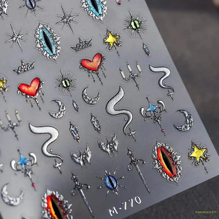 Trendy 5D Relief Shiny Silver Snake Sword Moon Jelly Evil Eye Molten Heart Star Gothic Adhesive Nail Stickers Decals