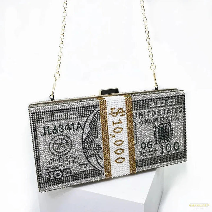 Trendy Dollar Stack Cash Evening Bag - Creative Rhinestone Fashion Handbag