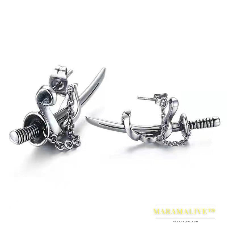 Trendy Fashion Hip Hop Punk Men's Cross Sword Chain Stud Earrings