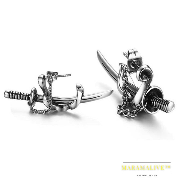 Trendy Fashion Hip Hop Punk Men's Cross Sword Chain Stud Earrings