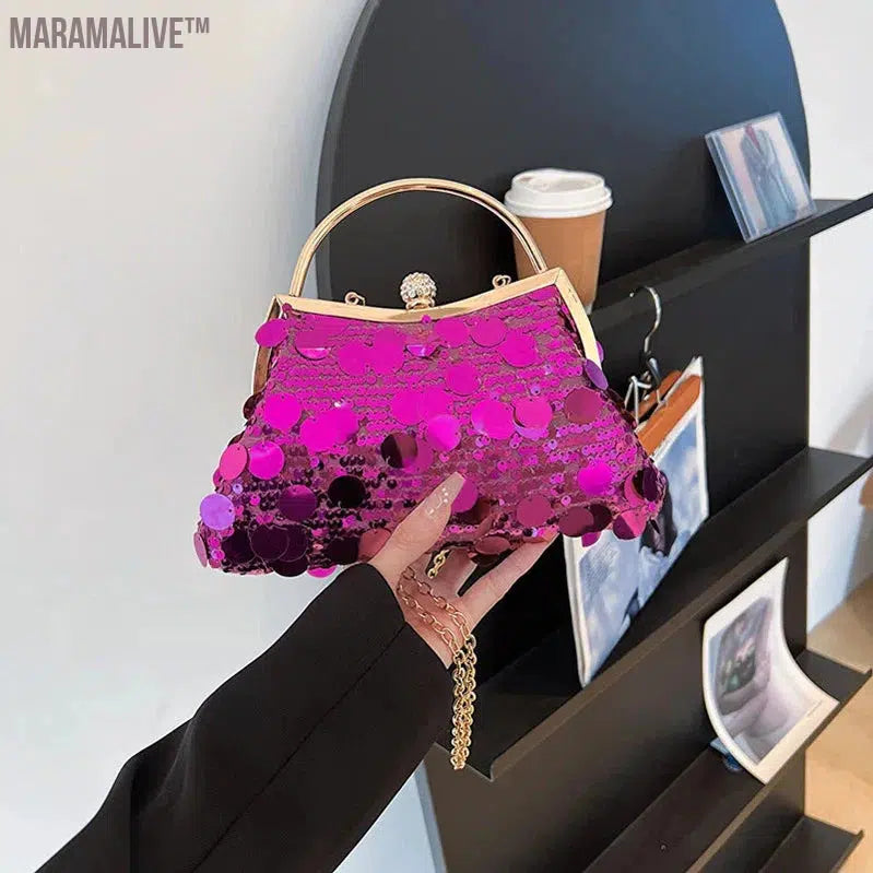 Trendy Purple Round Sequin Clutches Metal Handle Handbag Wedding Party Evening Bag Purse Chain Shoulder Messenger Bag For Women