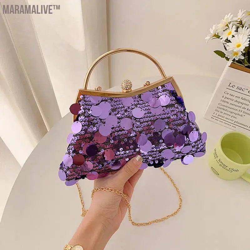 Trendy Purple Round Sequin Clutches Metal Handle Handbag Wedding Party Evening Bag Purse Chain Shoulder Messenger Bag For Women