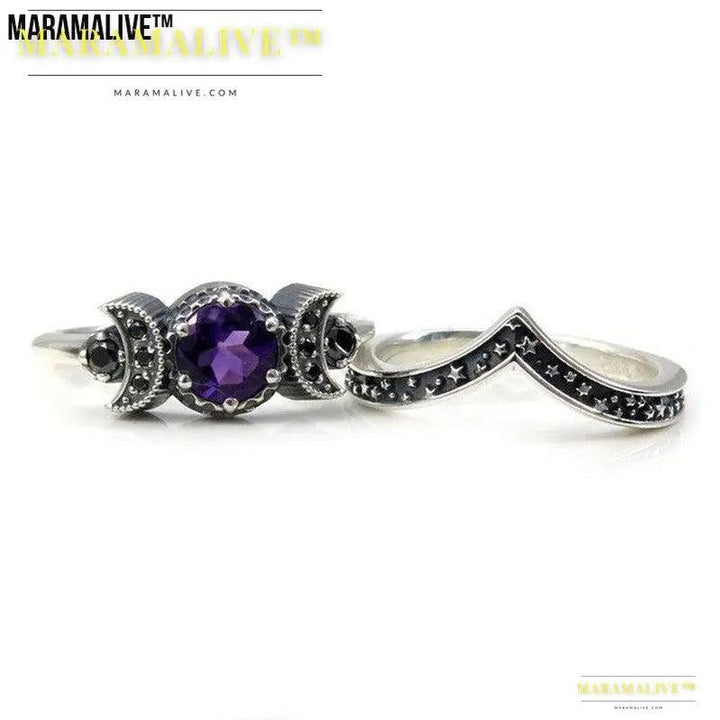 Triple Moon Goddess Gothic Amethyst Crystal Ring