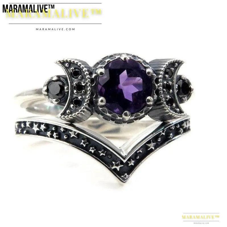 Triple Moon Goddess Gothic Amethyst Crystal Ring