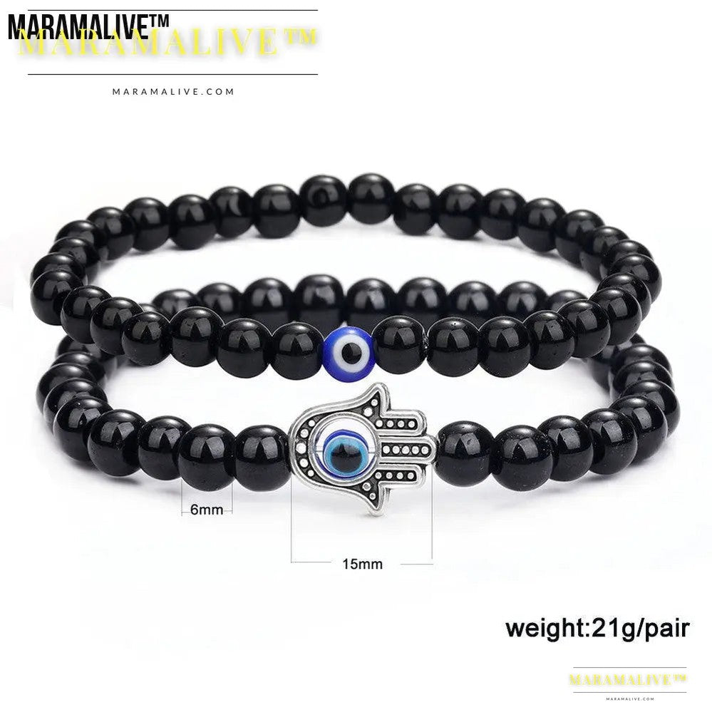 Turquoise Glaze Beaded Devil's Eye Bracelet Set - 6cm Black Glass