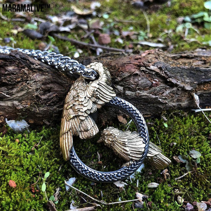 Two Crows inside a Round Pendant | Double Bird Stainless Steel Necklace