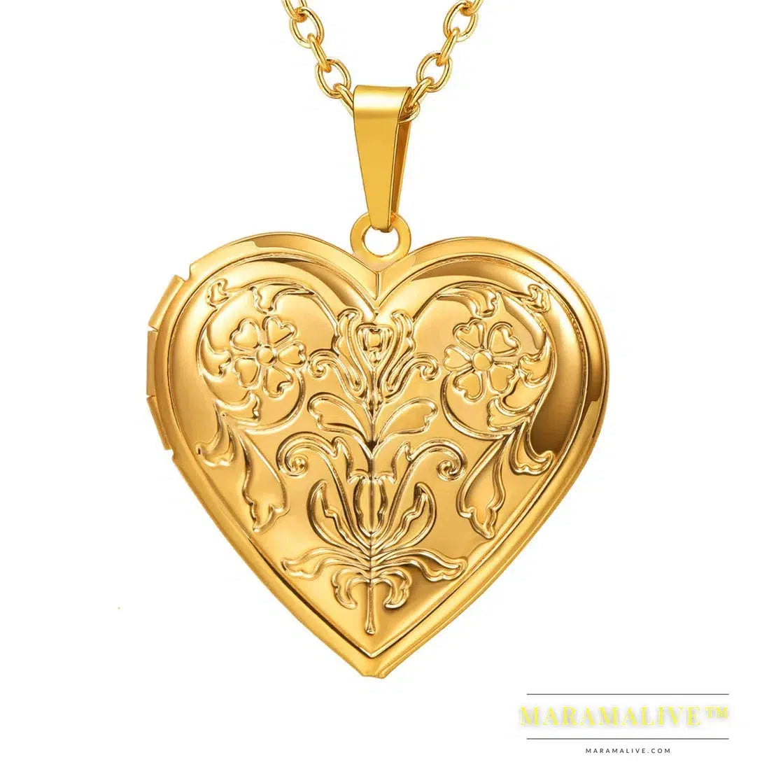 U7 Openable Heart Locket Necklace Photo Frame Memory Romantic Love Embossed Rose Flower Pendant for Women Best Mother's Day Gift