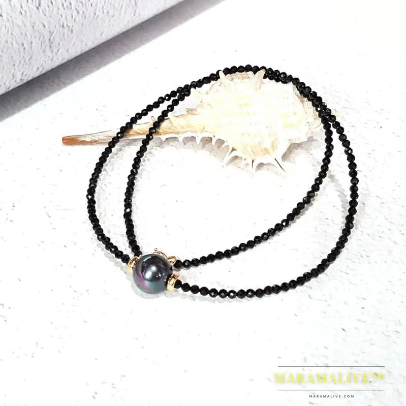 Unique Choker Necklace Real Black Spinel Faceted Beads Tahitian Black Shell Pearl 925 Sterling Silver Gold Color Gift