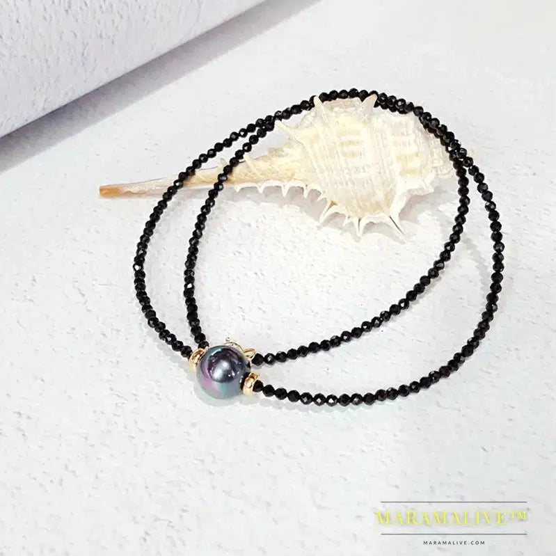 Unique Choker Necklace Real Black Spinel Faceted Beads Tahitian Black Shell Pearl 925 Sterling Silver Gold Color Gift