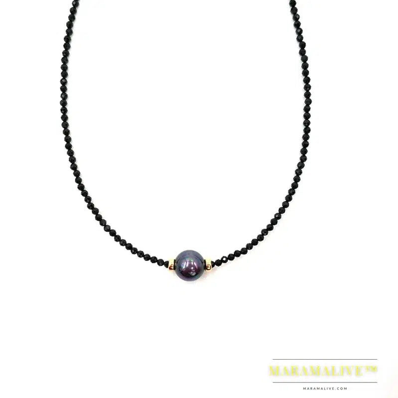 Unique Choker Necklace Real Black Spinel Faceted Beads Tahitian Black Shell Pearl 925 Sterling Silver Gold Color Gift