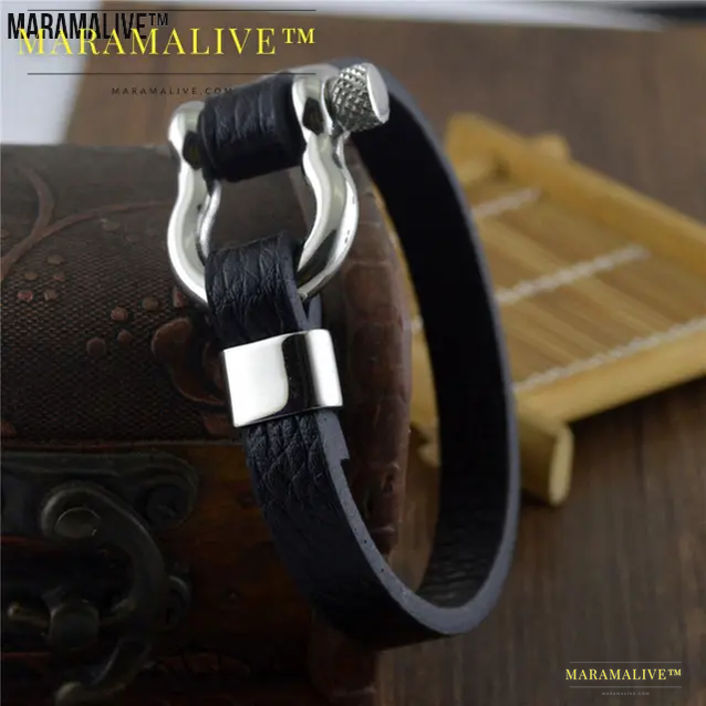 Unique Clasped Jewelry - Titanium Steel Leather Bracelet for Men