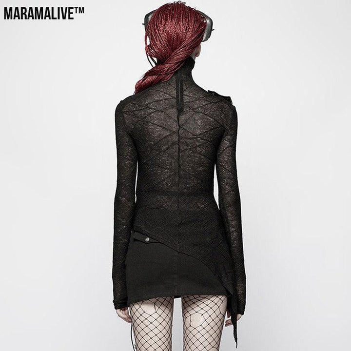 Unique Gothic Lace Shirt: Unusual Peek-a-boo Long Sleeve Top