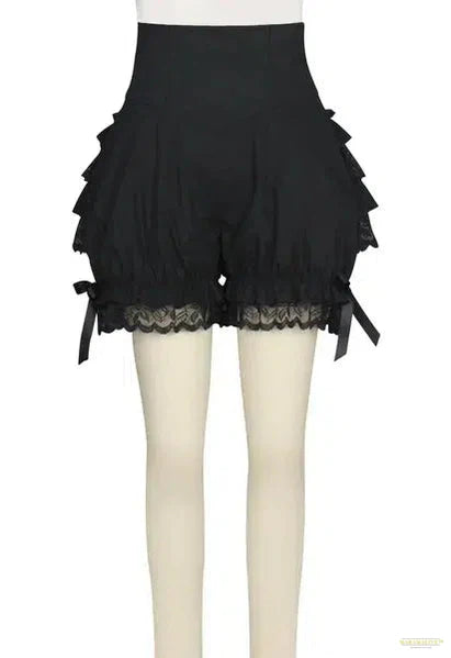 Unique Gothic Steampunk Lolita Lace Ruffle Pumpkin Bloomer Shorts - Black Cotton High Waist Cosplay for Little Devil Aesthetics