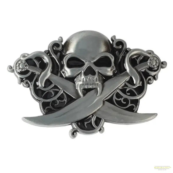 Unique Pirate Skull with Crossed Swords Belt Buckle - Unusual and Trendy Metal Fashion Accessory