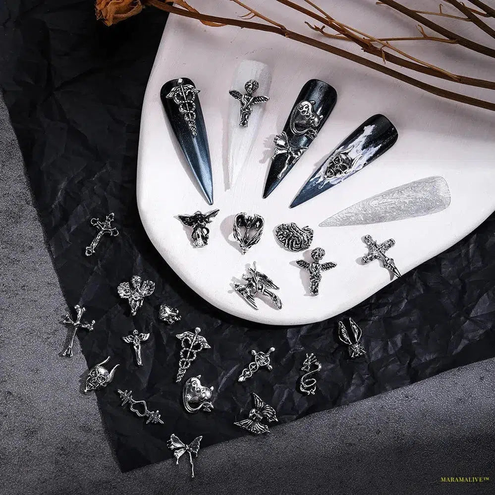 Unique Steampunk Gothic 3D Alloy Nail Art Skeleton Cross Charms - 10PCS Set - Perfect For Halloween Decoration Design Supplies Tool