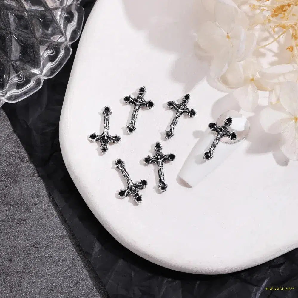 Unique Steampunk Gothic 3D Alloy Nail Art Skeleton Cross Charms - 10PCS Set - Perfect For Halloween Decoration Design Supplies Tool