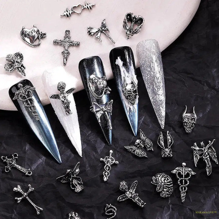 Unique Steampunk Gothic 3D Alloy Nail Art Skeleton Cross Charms - 10PCS Set - Perfect For Halloween Decoration Design Supplies Tool