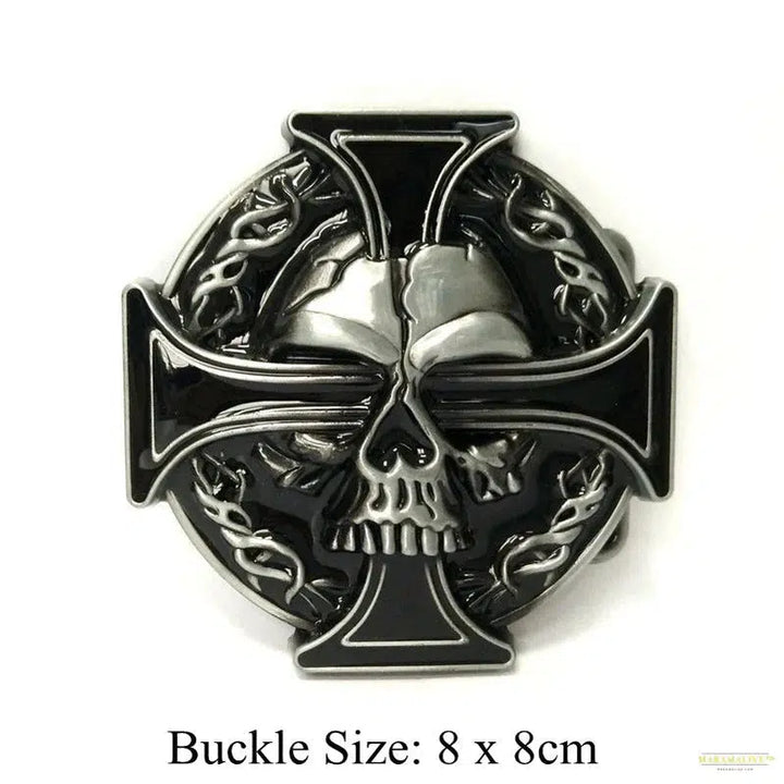 Unique Trendy Black Hip Waist Belt for Men with Punk Rock Skull Cross Metal Buckle