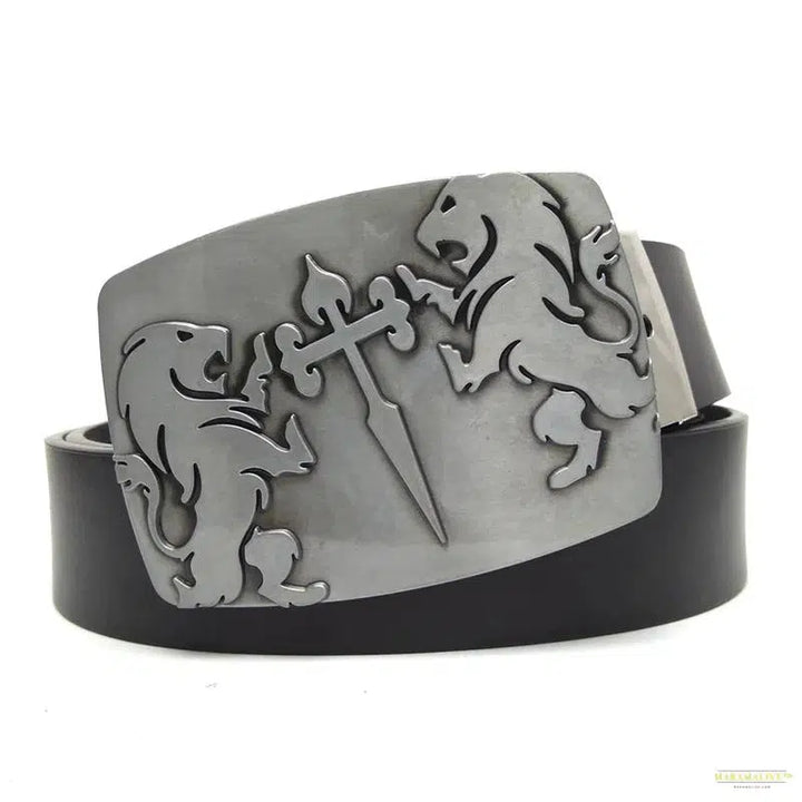 Unique and Trendy Designer Vintage Men's Big Buckle Belt with Knights Templar of Santiago Lion Cross Metal Detailing