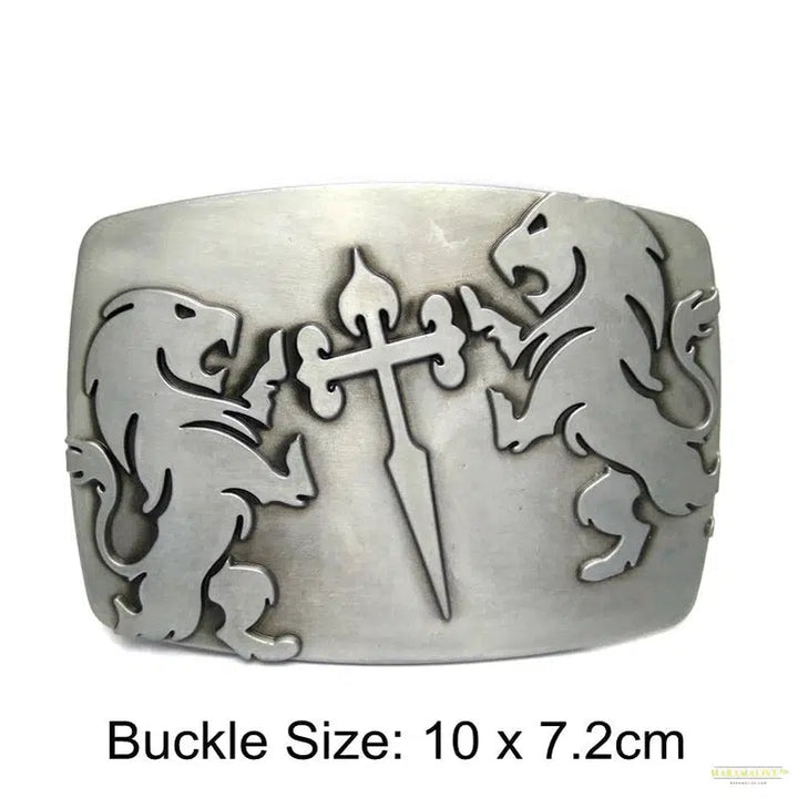 Unique and Trendy Designer Vintage Men's Big Buckle Belt with Knights Templar of Santiago Lion Cross Metal Detailing