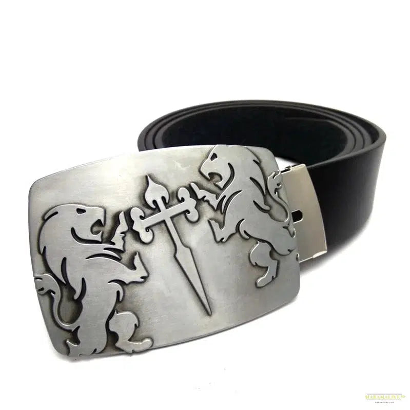 Unique and Trendy Designer Vintage Men's Big Buckle Belt with Knights Templar of Santiago Lion Cross Metal Detailing