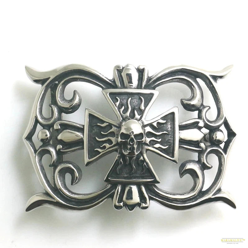 Unusual Stainless Steel Cross Flaming Skull Belt Buckle - Trendy and Unique Accessory Gift