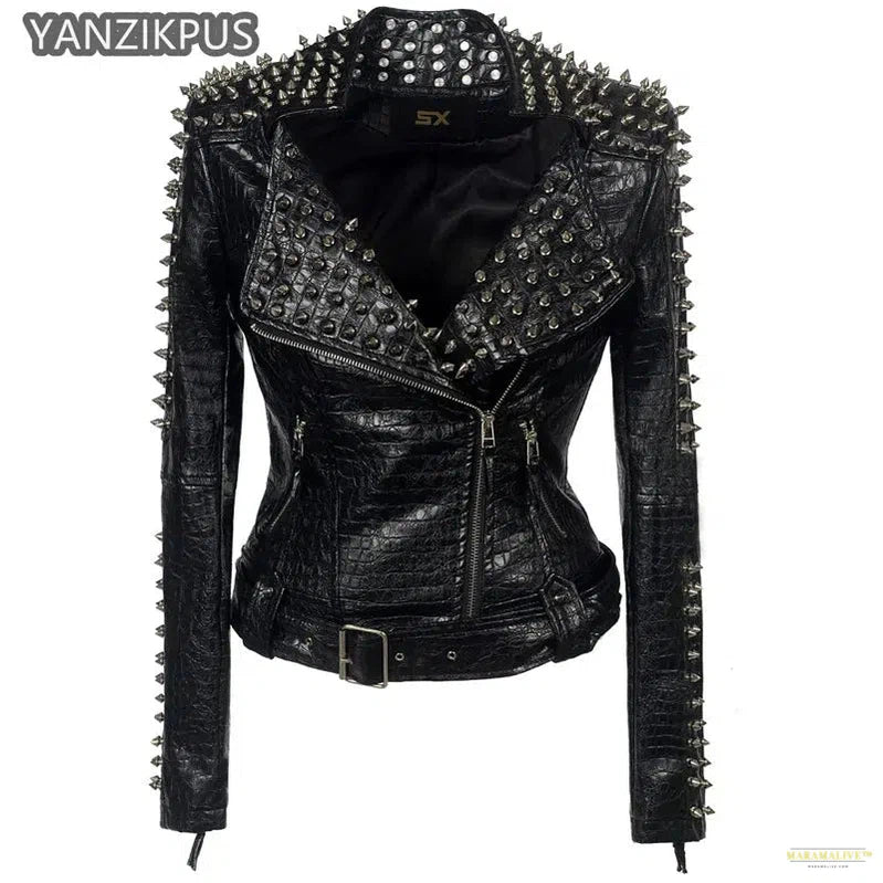 Unusual Steampunk Rock Rivet Women's Leather Slim-fit Jacket – Vintage Gothic Embroidery PU Streetwear