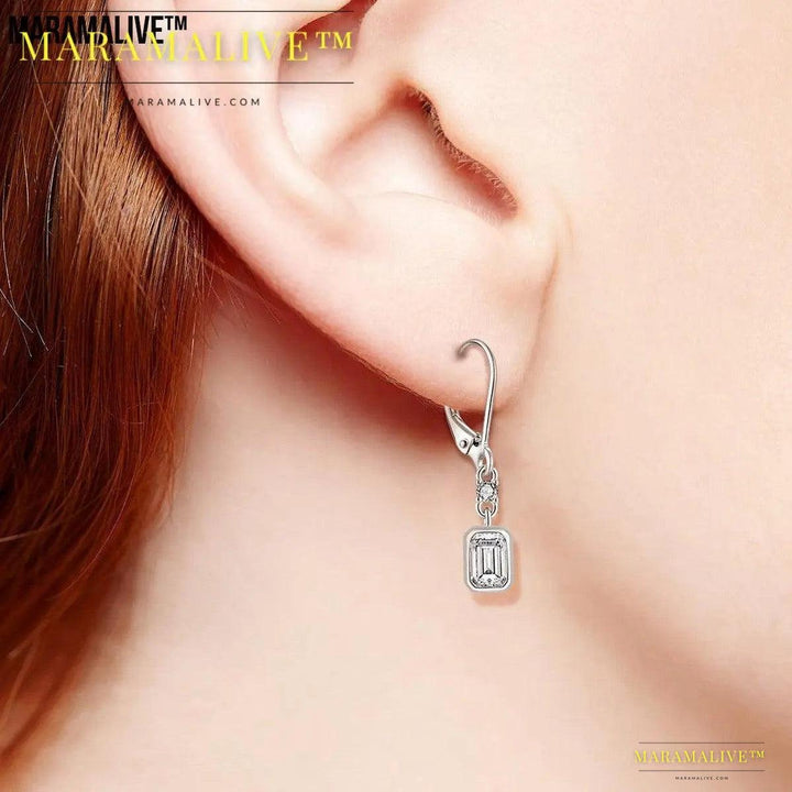 Unusual Stunning Rectangular Zircon Earrings Ear Hook S925 Silver