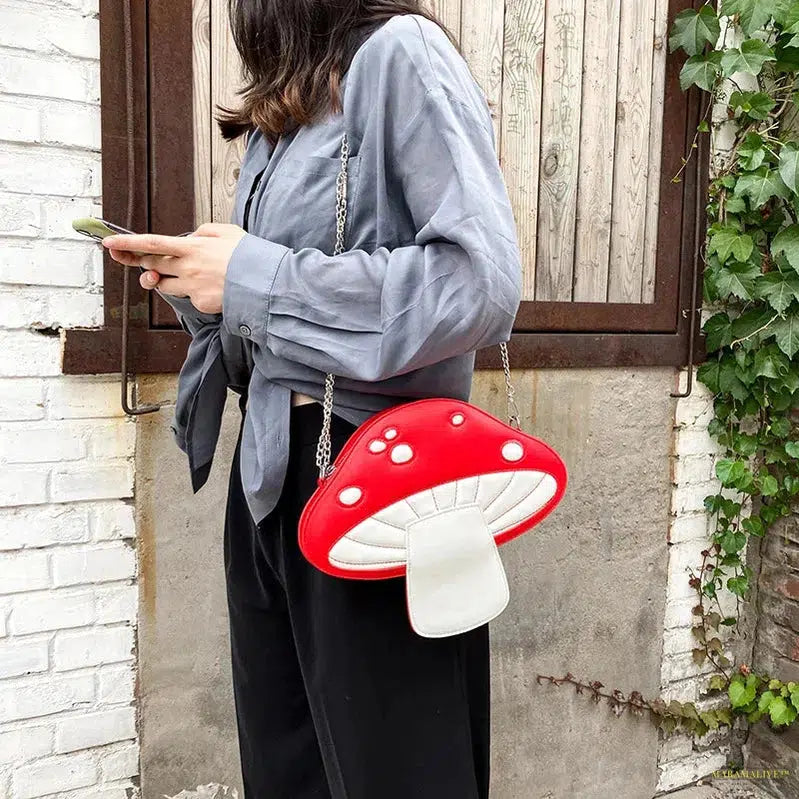 Unusual Trendy Mushroom Shaped Cartoon PU Messenger Bag - Unique Cute Chain Shoulder Gift