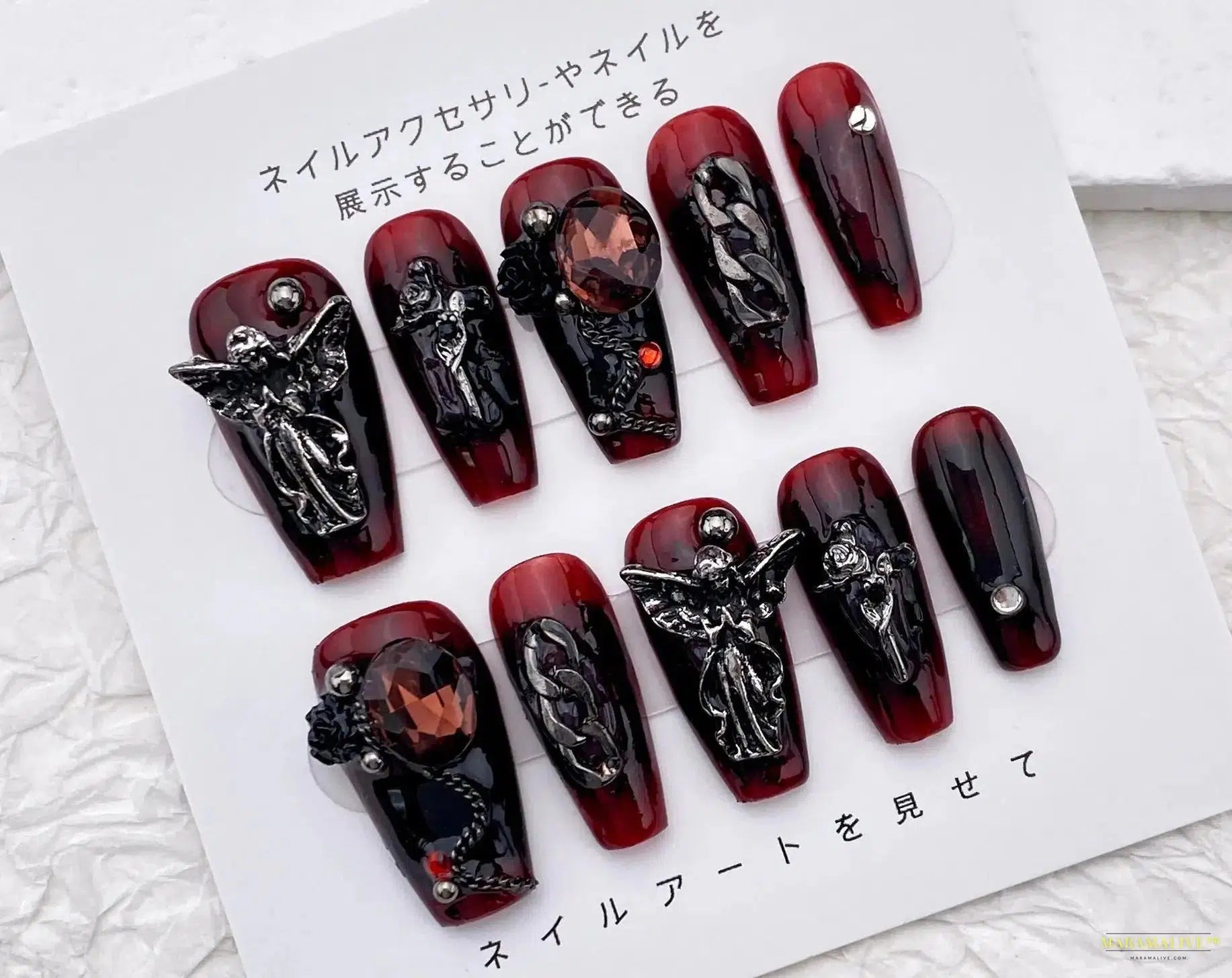 Unusual Vintage Angel Gothic Handmade Press-On Nails - Burgundy and Black Coffin Steampunk Style