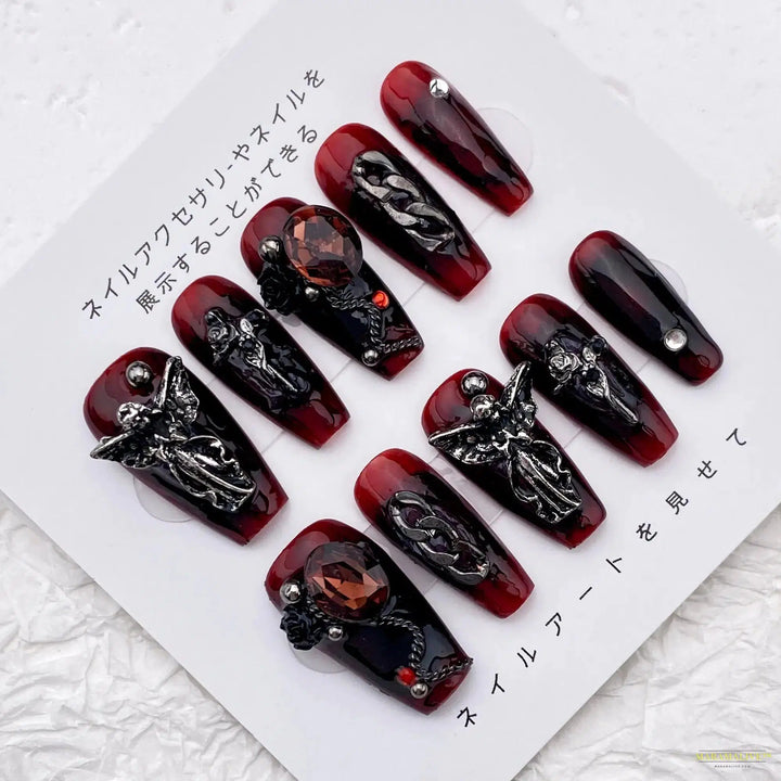 Unusual Vintage Angel Gothic Handmade Press-On Nails - Burgundy and Black Coffin Steampunk Style