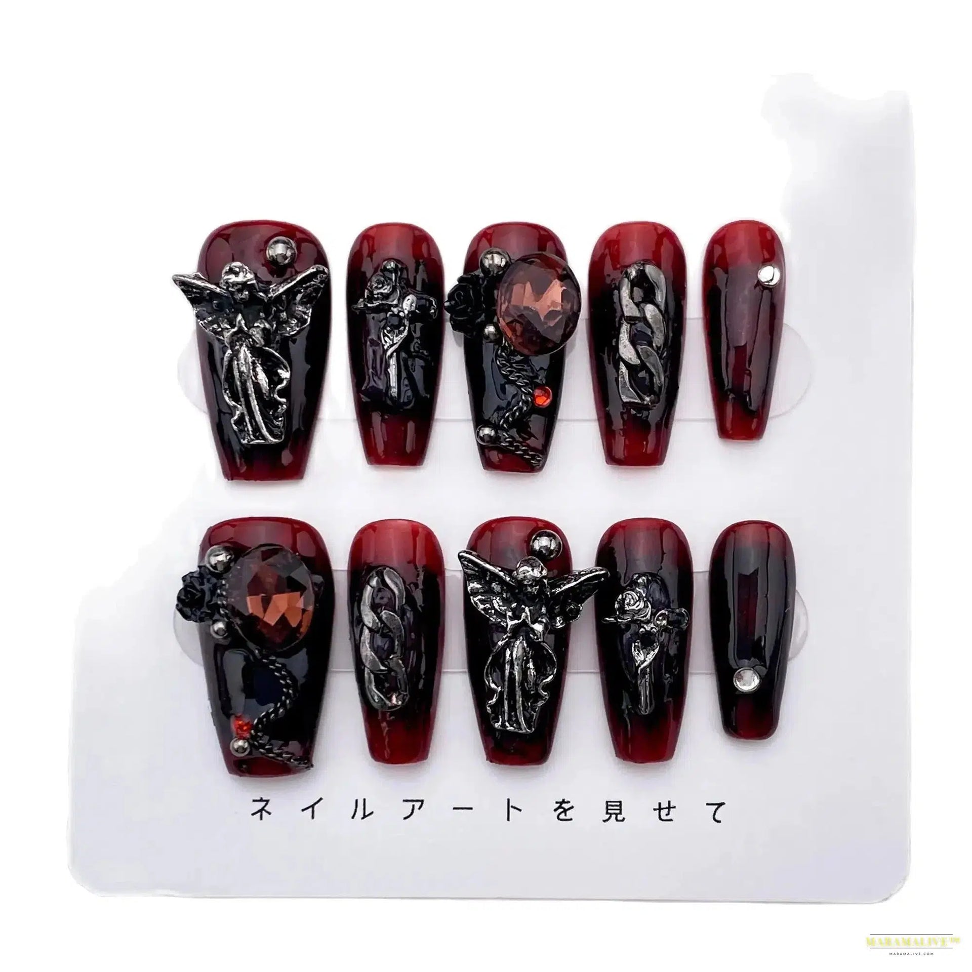 Unusual Vintage Angel Gothic Handmade Press-On Nails - Burgundy and Black Coffin Steampunk Style