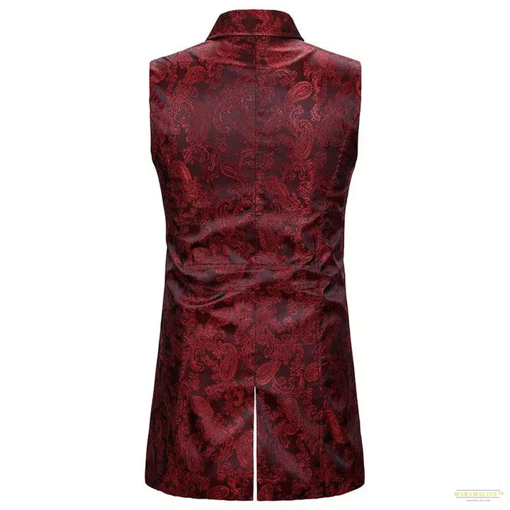 Unusual Wine Red Paisley Jacquard Long Vest Double-Breasted Brocade Waistcoat - Victorian Gothic Steampunk for Unique Style Enthusiasts