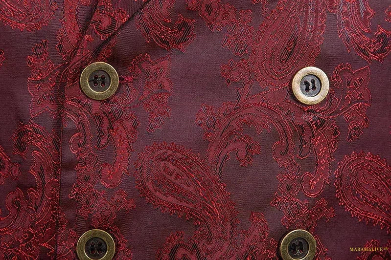 Unusual Wine Red Paisley Jacquard Long Vest Double-Breasted Brocade Waistcoat - Victorian Gothic Steampunk for Unique Style Enthusiasts