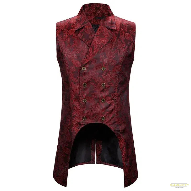 Unusual Wine Red Paisley Jacquard Long Vest Double-Breasted Brocade Waistcoat - Victorian Gothic Steampunk for Unique Style Enthusiasts