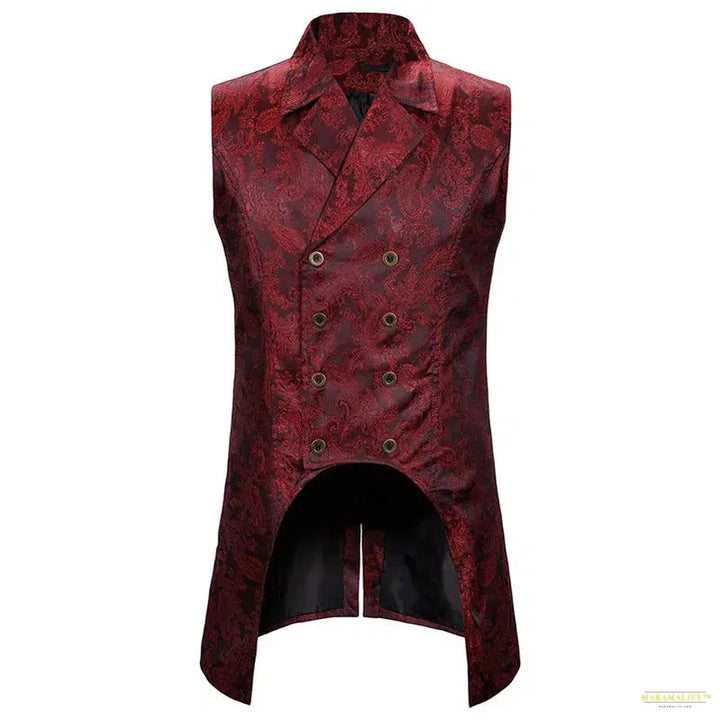 Unusual Wine Red Paisley Jacquard Long Vest Double-Breasted Brocade Waistcoat - Victorian Gothic Steampunk for Unique Style Enthusiasts