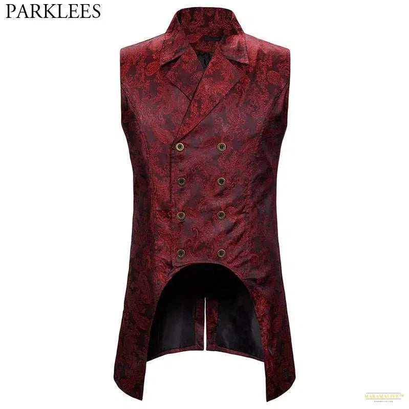 Unusual Wine Red Paisley Jacquard Long Vest Double-Breasted Brocade Waistcoat - Victorian Gothic Steampunk for Unique Style Enthusiasts