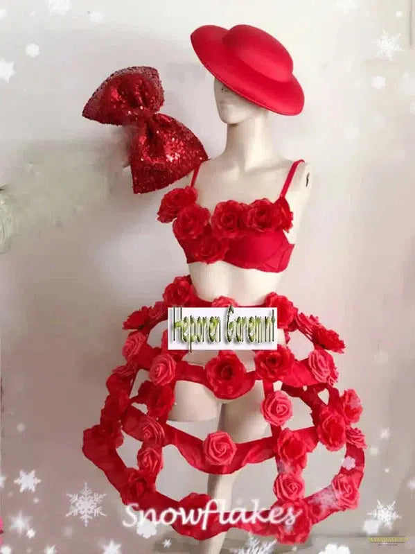 Valentine's Day Red Rose Flower Hollow Out Tiered Skirt With Hat,Adult Party Bird Cage Layered Dress Sexy Costumes For Lover