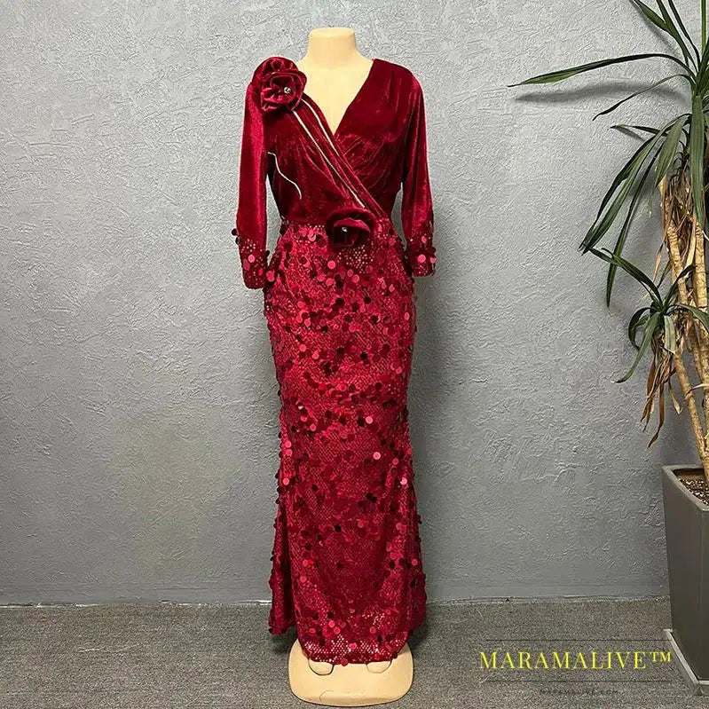 Velvet Long Luxury Evening Dresses For Women Fashion Autumn Winter V Neck Sexy Bodycon Sequins Party Dress