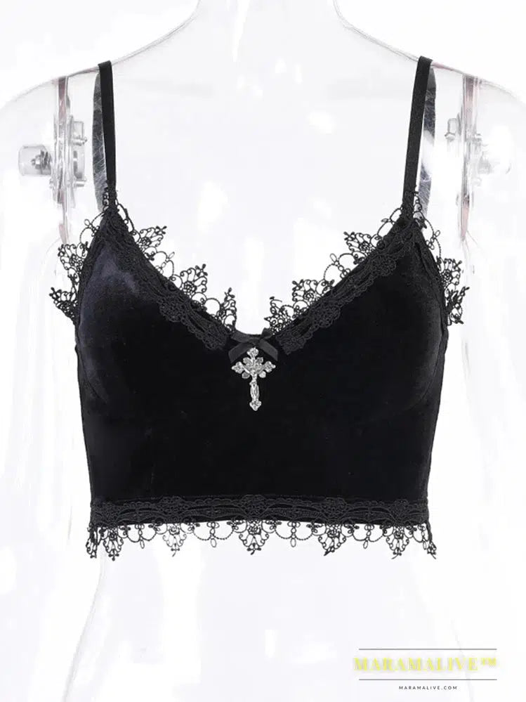 Velvet Y2K Mall Goth Crop Tops Black Lace Trim Emo Alternative Aesthetic Crop Tops Women Backless Sexy Strap Tanks