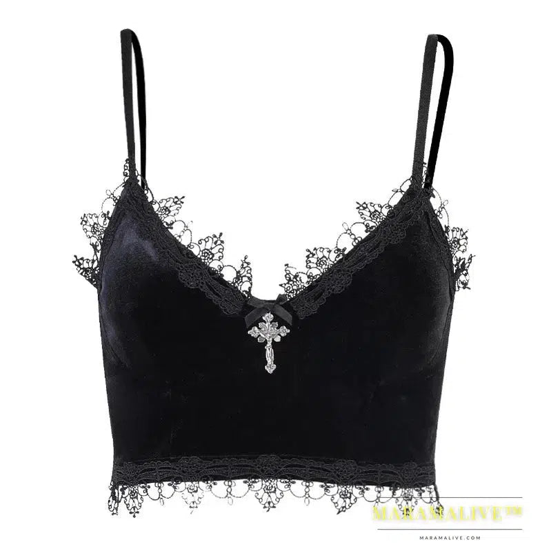 Velvet Y2K Mall Goth Crop Tops Black Lace Trim Emo Alternative Aesthetic Crop Tops Women Backless Sexy Strap Tanks