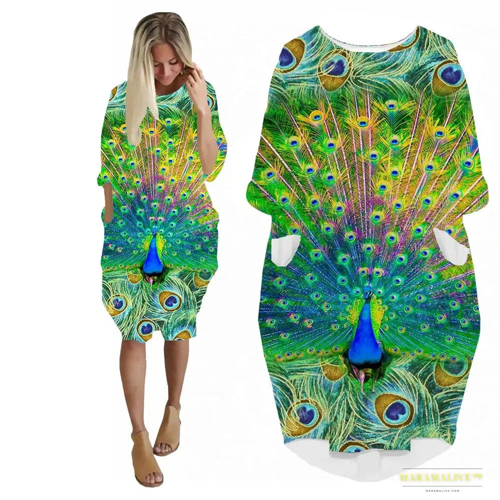 Vibrant Multicolour Peacock 3D Print Long Sleeve Dress: Harajuku Women Streetwear with a Touch of Gothic Fashion