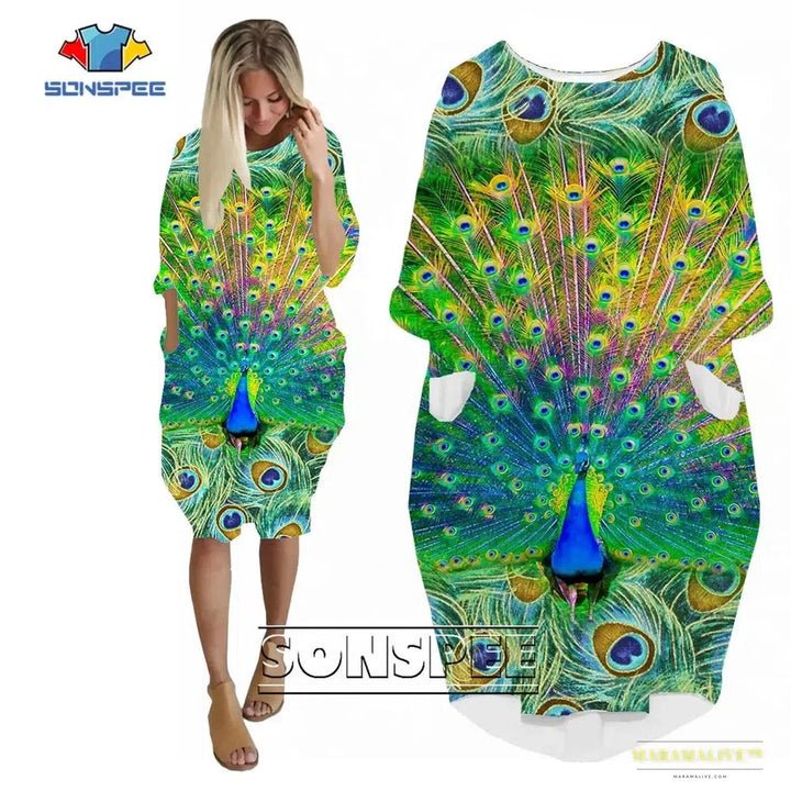 Vibrant Multicolour Peacock 3D Print Long Sleeve Dress: Harajuku Women Streetwear with a Touch of Gothic Fashion