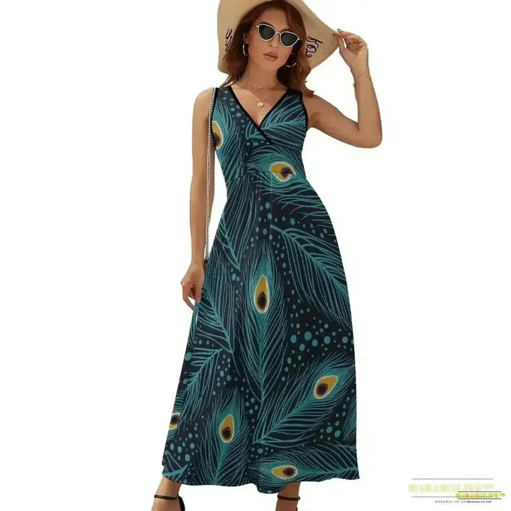 Vibrant Peacock Feather Dress - Boho Dress - Stunning Streetwear Printed Oversize Vestido