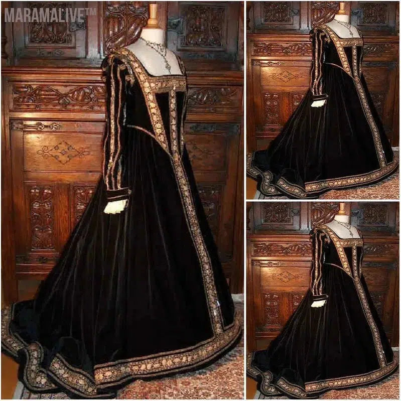 Victorian Gothic Civil War Southern Evening Dresses Black Gold applique Long Sleeve Velvet Halloween Theater Edwardian Prom Gown